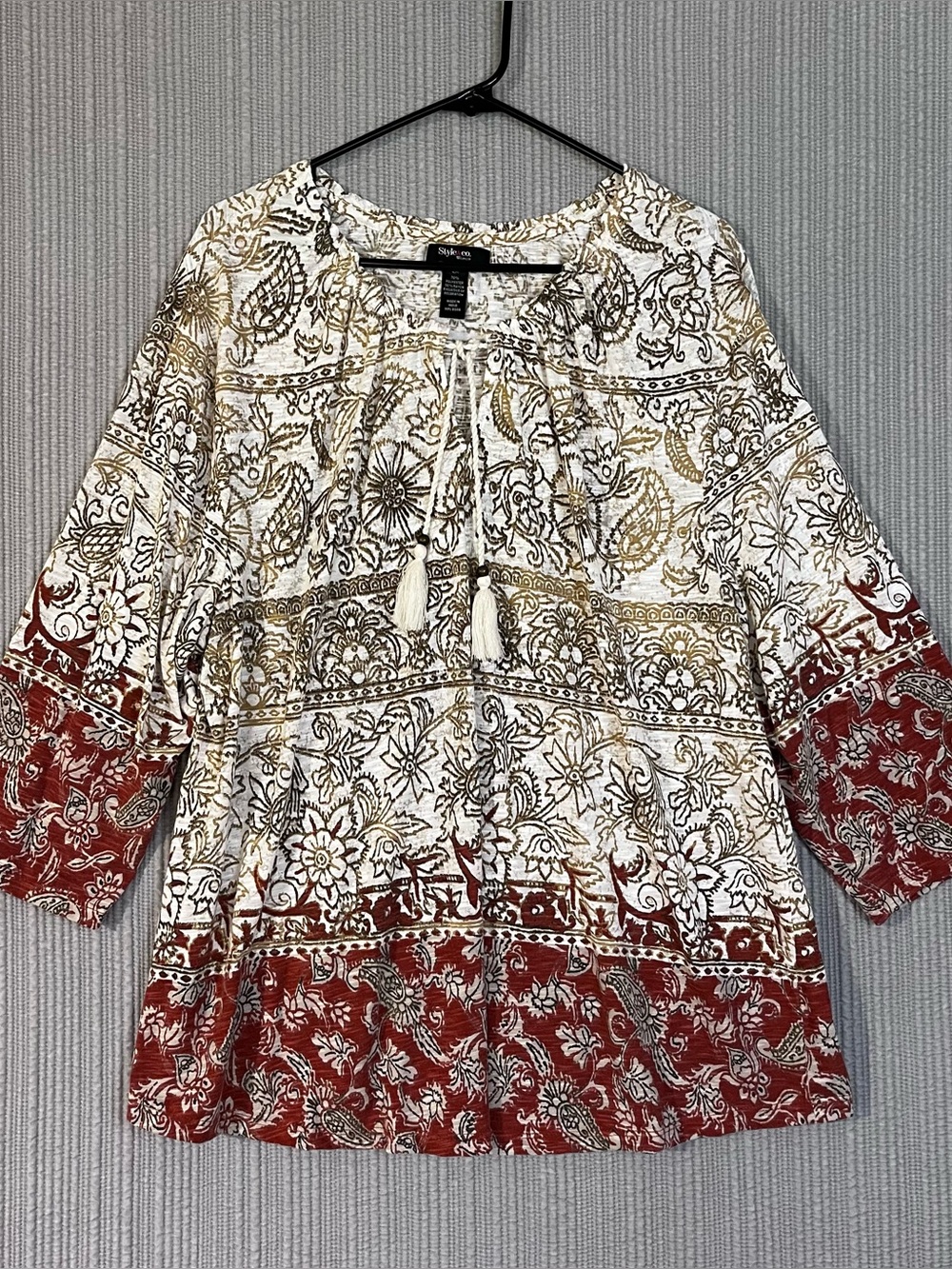 Style & Co Boho Peasant Top Cream Bronze Red Womens Plus 2X Tassel Drawstring